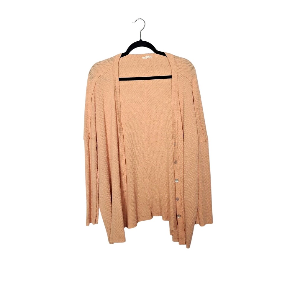 La Miel Peach Waffle Knit Cardigan Womens Medium Oversized Boho Lagenlook Button